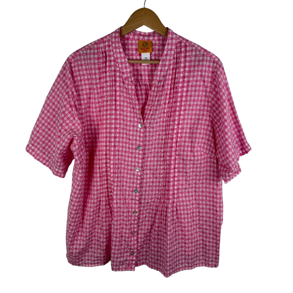 Ruby Rd Pink Gingham Textured Button Up Shirt Size 1X Lightweight Preppy‎ Cotton